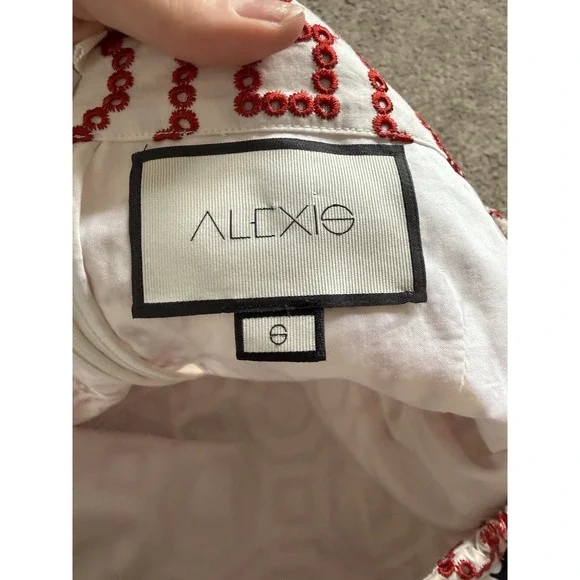ALEXIS Geometric Embroidered Mini Dress Red White Fringe Balloon Sleeve S - Picture 6 of 6